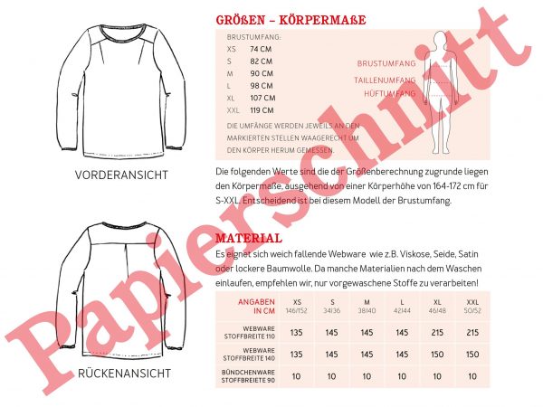 schnittmuster frau dana tabelle bluse studio schnittreif naehzimmer mit herz onlineshop