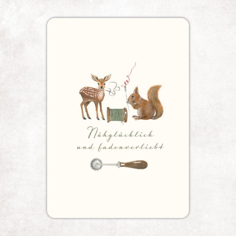 postkarte a6 naehgluecklich waldfreunde kerstin hess acufactum naehzimmer mit herz onlineshop