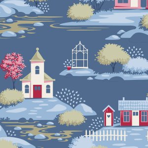 Stoff Baumwolle Tilda Village Blue Naehzimmer mit Herz Onlineshop